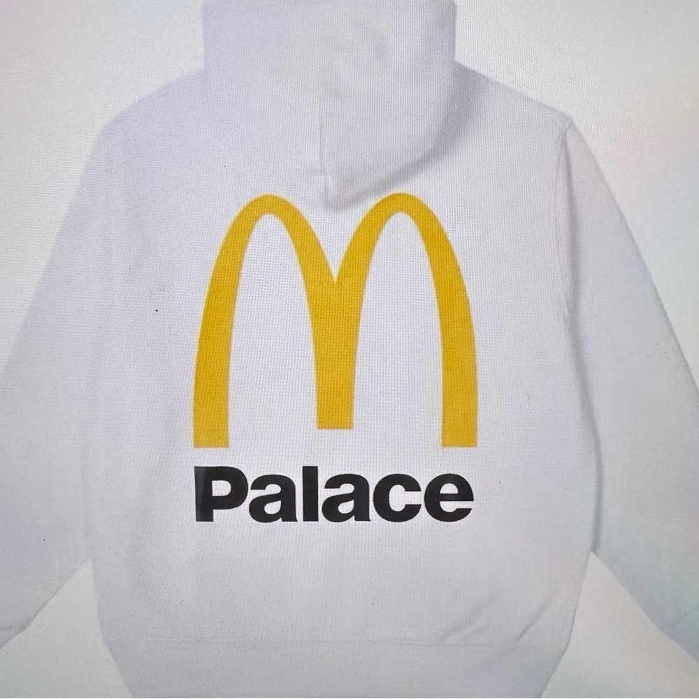 PALACE White Hoodie with Yellow McDonald’s-Inspired Arch and Black Logo
